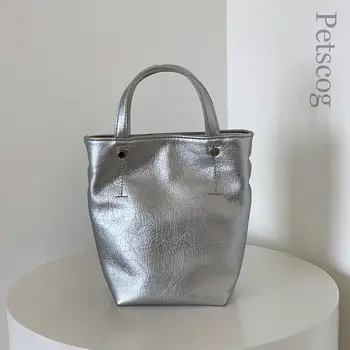 Роскошные сумки для женщин 2023, новая серебристая глянцевая мягкая сумка-ведро из искусственной кожи, модный тренд, женская сумка через плечо, повседневная ручка сверху