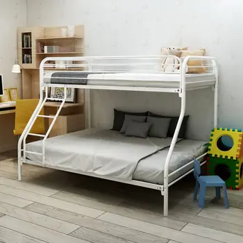 Сверхпрочная двухъярусная кровать из цельного металла, простая сборка с усиленным ограждением верхнего уровня, белая