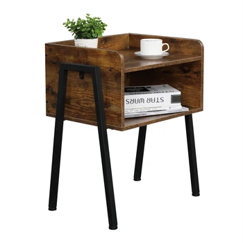 Прикроватная тумбочка, Штабелируемый боковой столик для небольших помещений, отделение для хранения промышленной акцентной мебели, стальной каркас, Деревенский коричневый